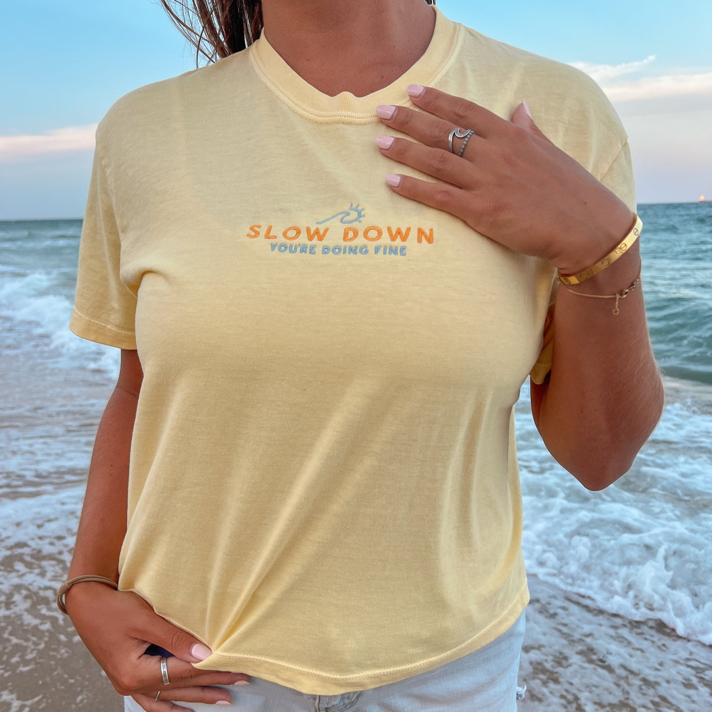 Slow Down Embroidered Cropped Boxy Tee